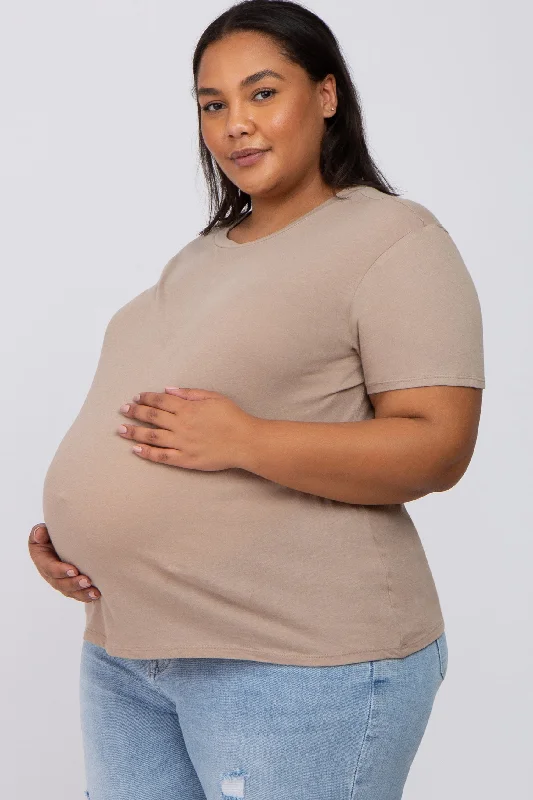 Mocha Solid Short Sleeve Plus Maternity Top