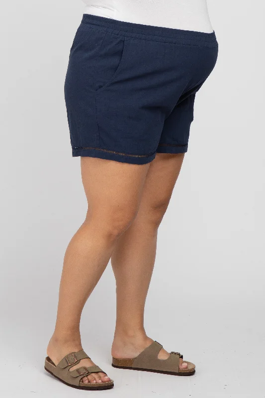 Navy Blue Ladder Trim Maternity Plus Shorts