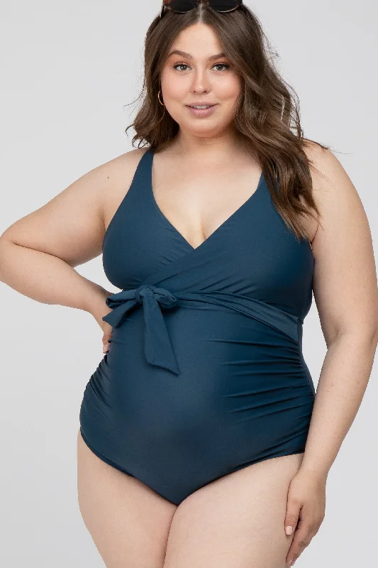 Navy Blue Waist Tie Maternity Plus One-Piece Swimsuit