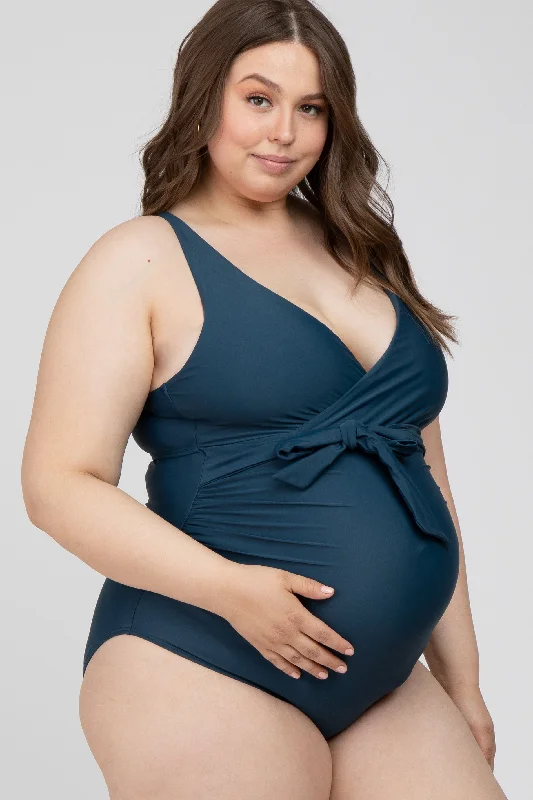 Navy Blue Waist Tie Maternity Plus One-Piece Swimsuit