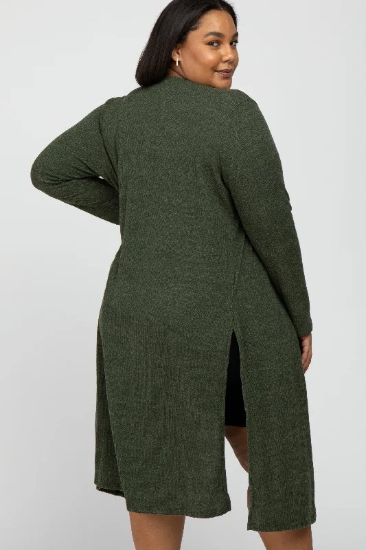 Olive Heathered Ribbed Side Slit Long Plus Maternity Cardigan