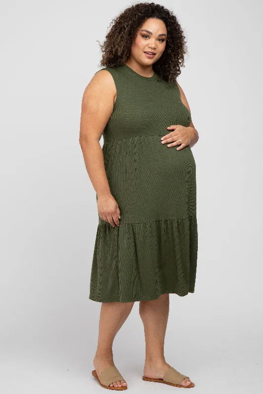 Olive Ribbed Sleeveless Plus Maternity Midi Dress