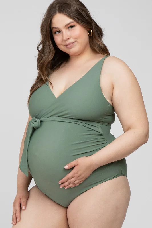 Olive Waist Tie Maternity Plus One-Piece Swimsuit