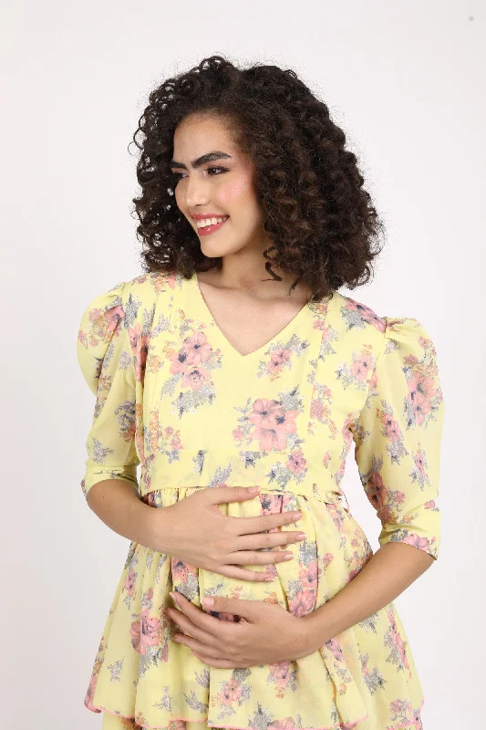 Paradise Corn Yellow Maternity & Nursing Layered Dress