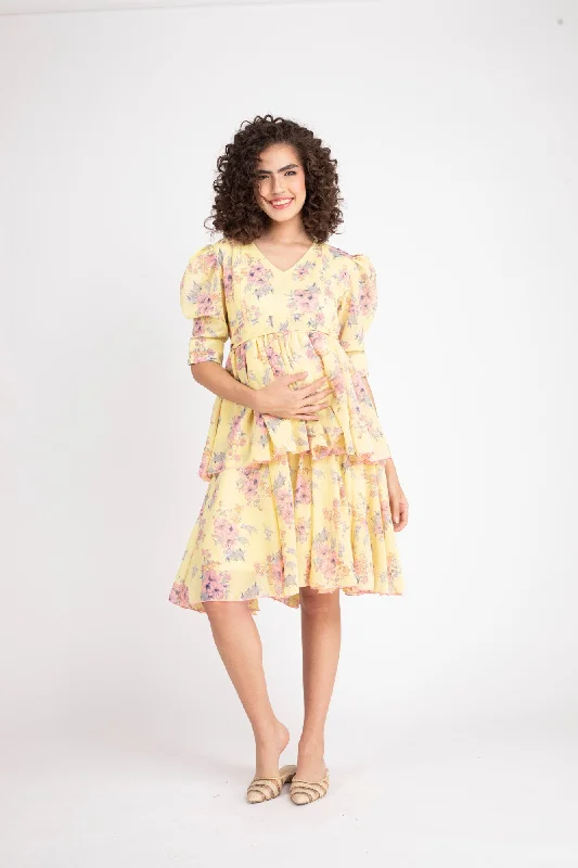 Paradise Corn Yellow Maternity & Nursing Layered Dress