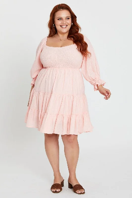 Pink Skater Dress Scoop Neck Long Sleeve Ruffle Hem