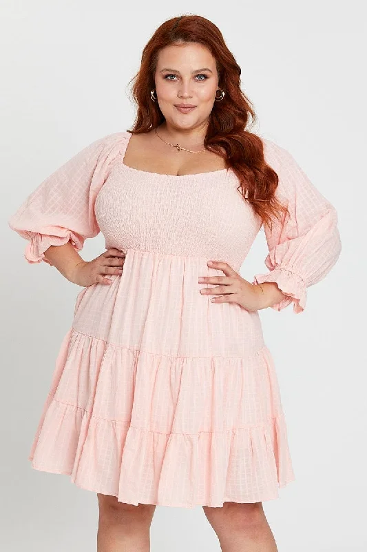 Pink Skater Dress Scoop Neck Long Sleeve Ruffle Hem