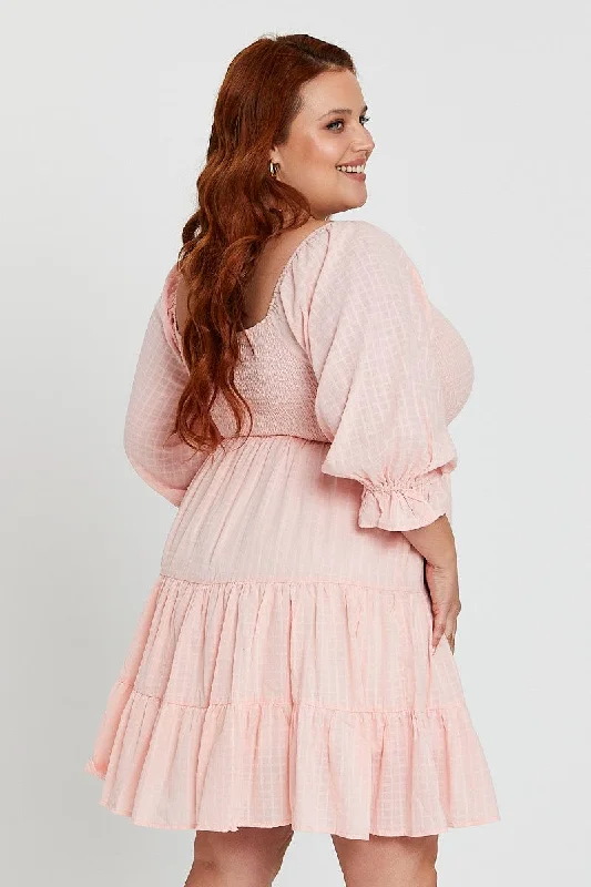 Pink Skater Dress Scoop Neck Long Sleeve Ruffle Hem