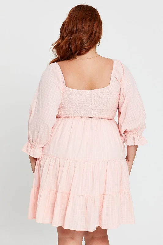 Pink Skater Dress Scoop Neck Long Sleeve Ruffle Hem