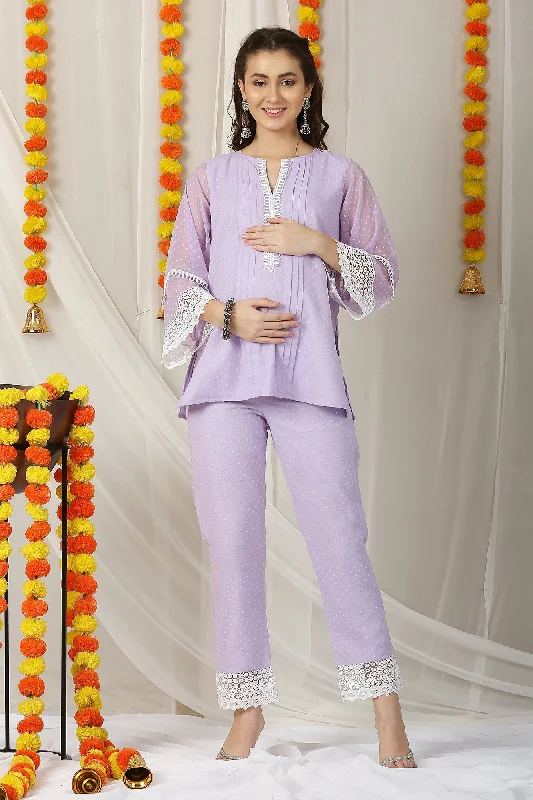 Premium Royal Lavender Maternity Pintucks Kurta + Bump Band Bottom (2 Pc)