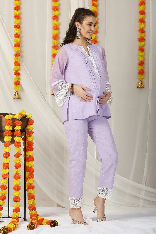 Premium Royal Lavender Maternity Pintucks Kurta + Bump Band Bottom (2 Pc)