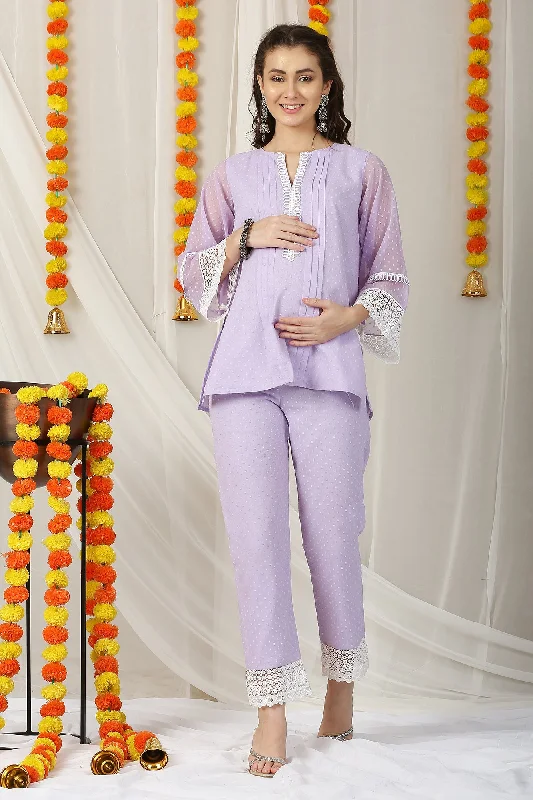 Premium Royal Lavender Maternity Pintucks Kurta + Bump Band Bottom (2 Pc)