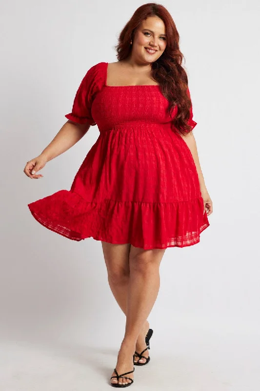 Red Minidress Check Puff Sleeve