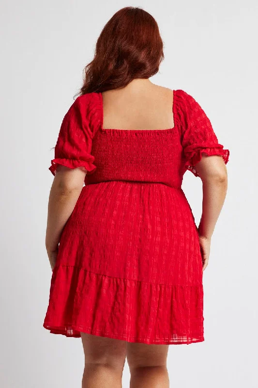 Red Minidress Check Puff Sleeve