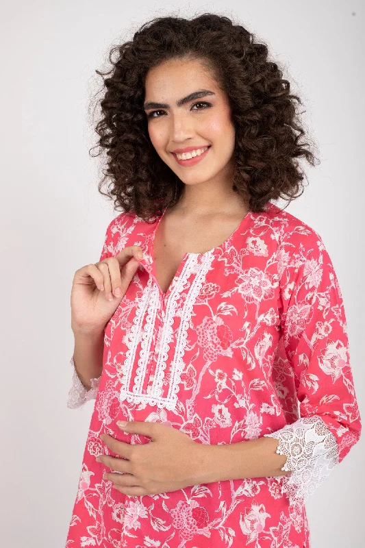 Rosy Pink Maternity & Nursing Kurta + Bump Band Bottom (2 Pc) (100% Cotton)