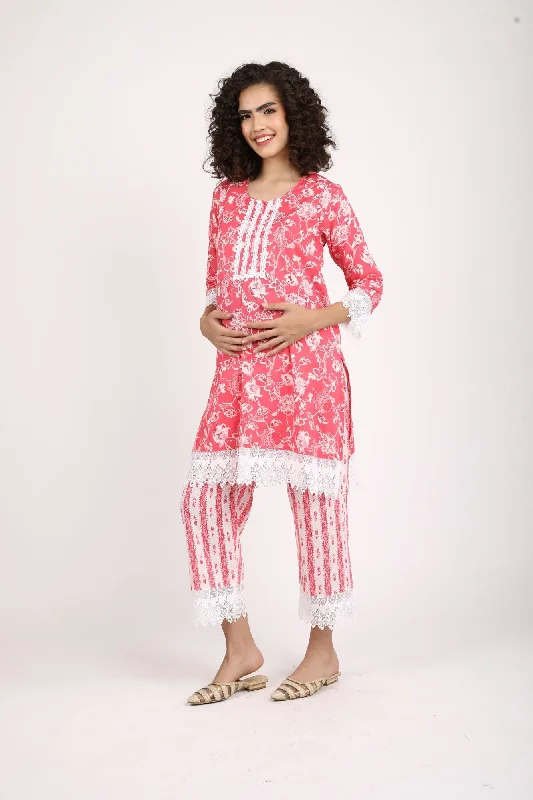 Rosy Pink Maternity & Nursing Kurta + Bump Band Bottom (2 Pc) (100% Cotton)