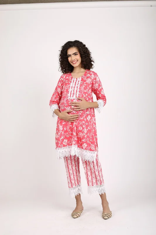 Rosy Pink Maternity & Nursing Kurta + Bump Band Bottom (2 Pc) (100% Cotton)