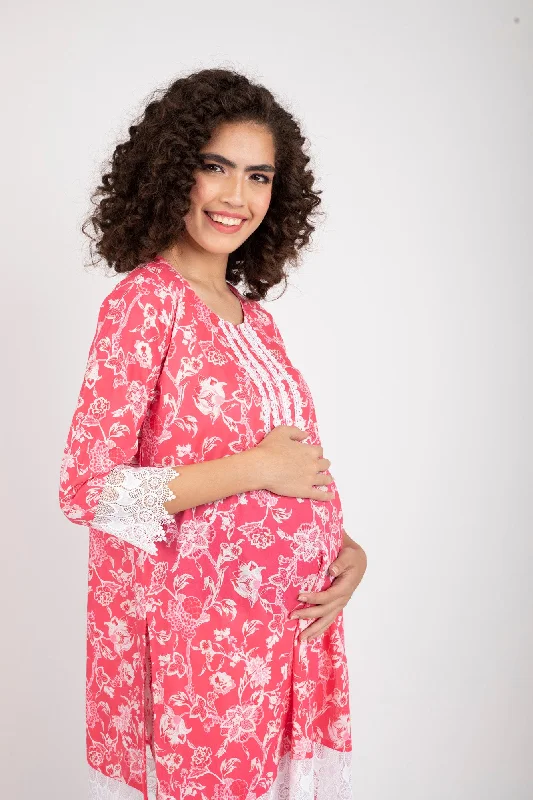 Rosy Pink Maternity & Nursing Kurta + Bump Band Bottom (2 Pc) (100% Cotton)