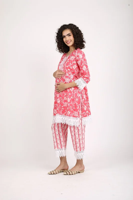 Rosy Pink Maternity & Nursing Kurta + Bump Band Bottom (2 Pc) (100% Cotton)