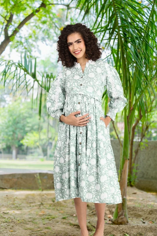 Seafoam Maternity & Nursing Gathered Dress (100% Cotton)