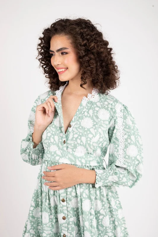 Seafoam Maternity & Nursing Gathered Dress (100% Cotton)