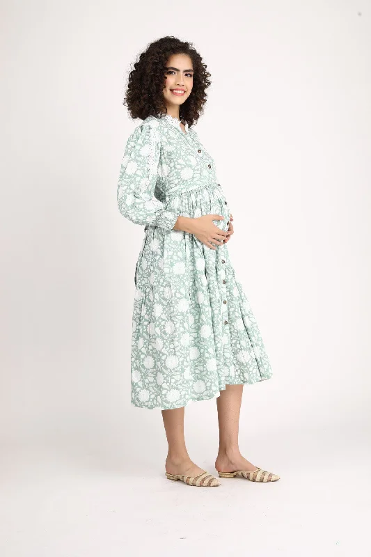 Seafoam Maternity & Nursing Gathered Dress (100% Cotton)