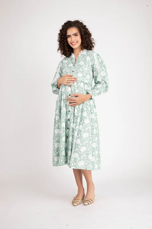 Seafoam Maternity & Nursing Gathered Dress (100% Cotton)