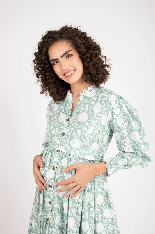 Seafoam Maternity & Nursing Gathered Dress (100% Cotton)