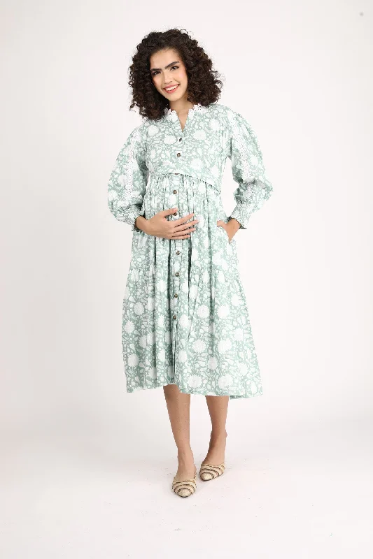 Seafoam Maternity & Nursing Gathered Dress (100% Cotton)