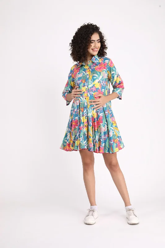 Swing Iris Blue Maternity & Nursing Shirt Dress (100% Cotton)