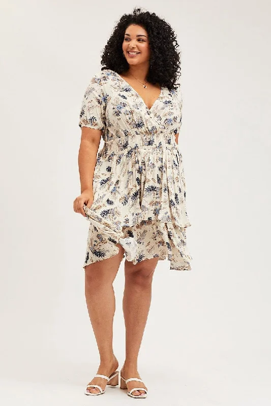 Trop Print Skater Dress V-neck Short Sleeve