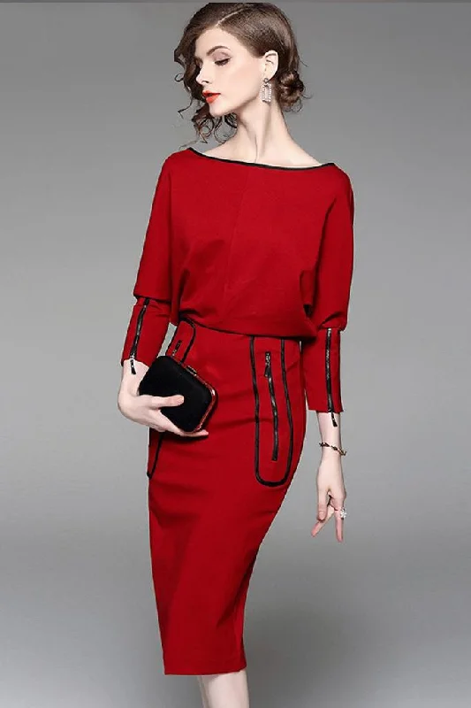 BATWING SLEEVE ZIPPER EMBELLISHED CONTRACT WAIST SHEATH DRESS- S in Clearance