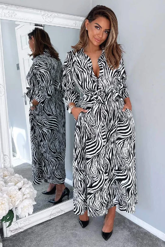 Black And White Zebra Print Midi Shirt Dress