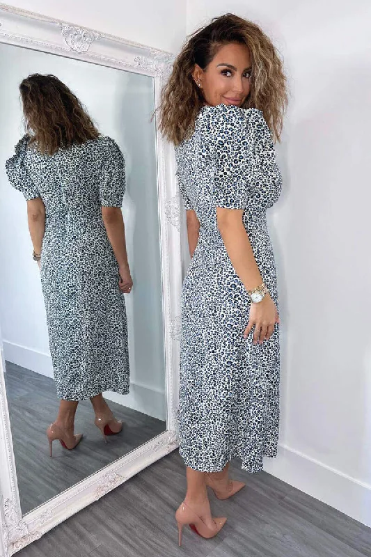 Blue Animal Print Pleated Sleeve Midi Dress