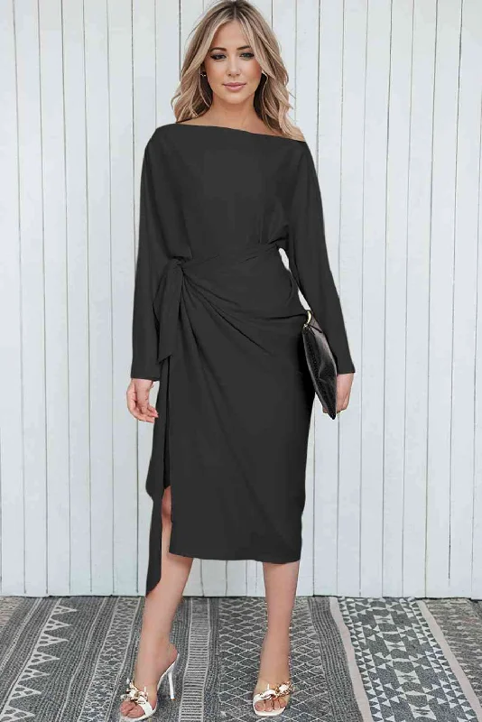 Boat Neck Long Sleeve Twisted Midi Dress