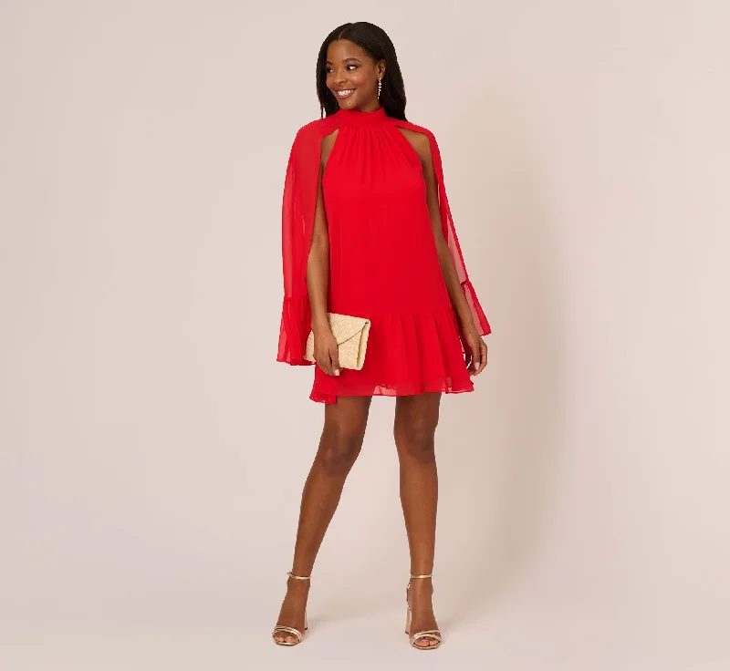 Chiffon Cape Sheath Dress With Ruffle Details In Red Crush