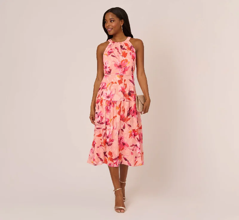 Floral Chiffon Halter Dress With Tiered Skirt In Apricot Multi