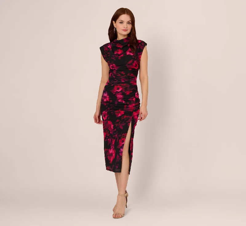 Floral Print Jersey Ankle Length Dress With Draped Details In Black Pink Multi