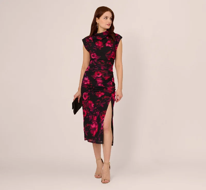 Floral Print Jersey Ankle Length Dress With Draped Details In Black Pink Multi