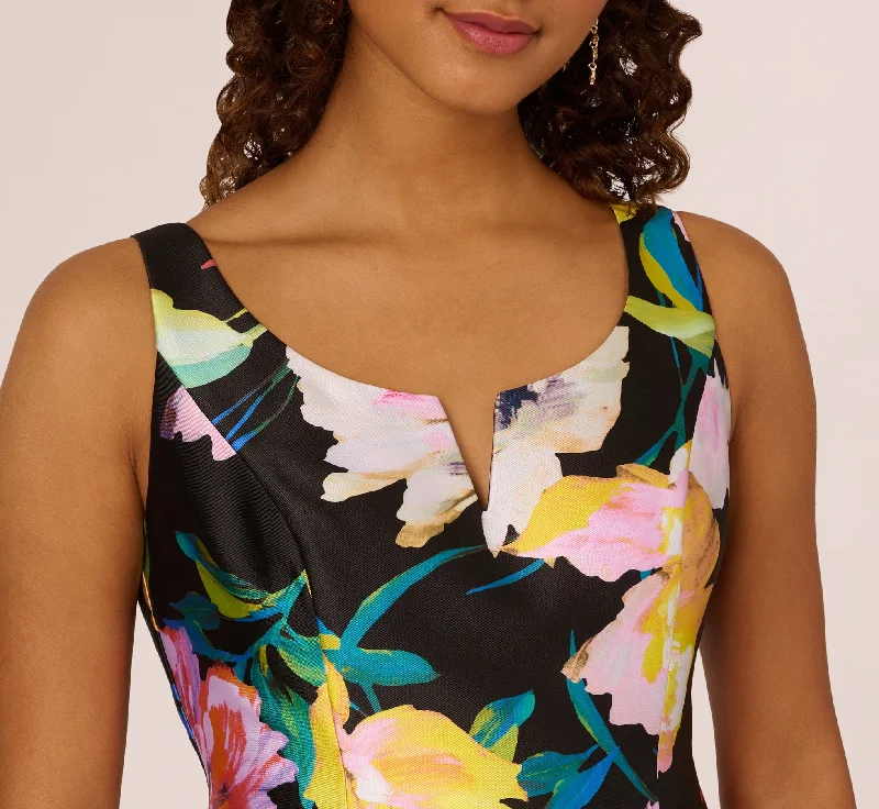 Floral Print Mikado Sleeveless Dress With High Low Skirt In Black Multi