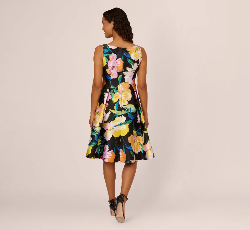 Floral Print Mikado Sleeveless Dress With High Low Skirt In Black Multi