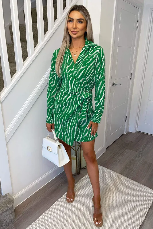 Green And White Animal Print Wrap Mini Dress