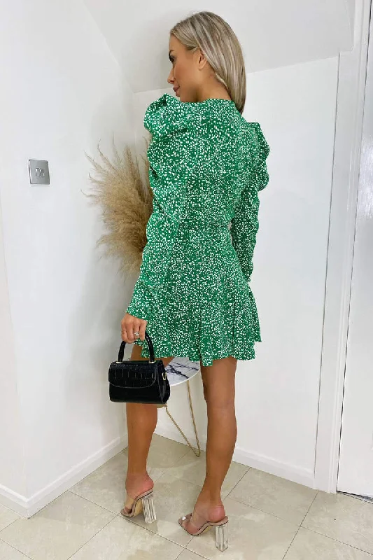 Green And White Printed Long Sleeve Pleated Skater Dress