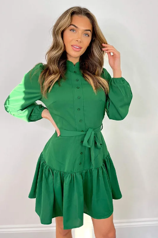 Green High Neck Button Frill Hem Dress