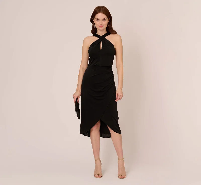 Halter Cocktail Dress With Faux Wrap Skirt In Black