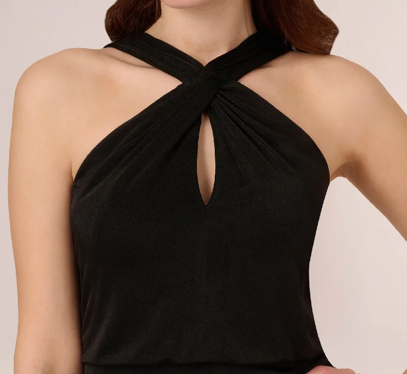 Halter Cocktail Dress With Faux Wrap Skirt In Black