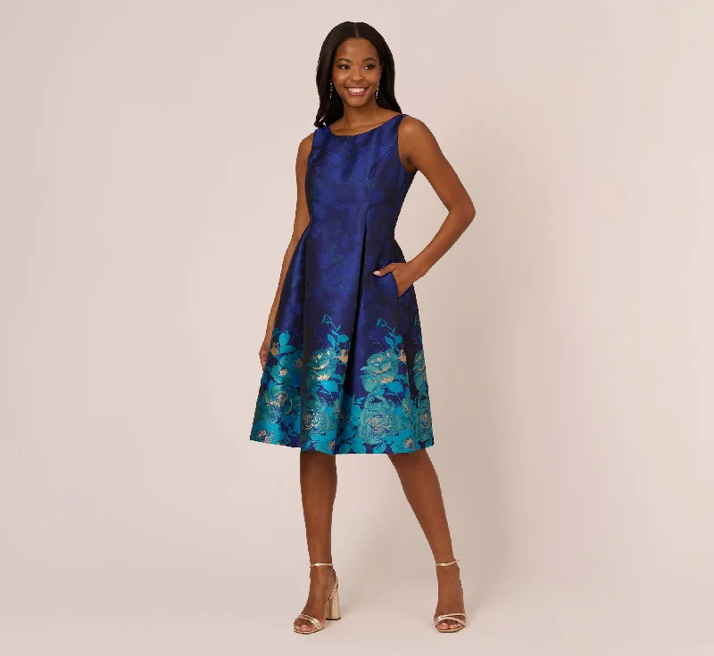 Jacquard Midi Dress With Metallic Floral Trim In Blue Teal Multi