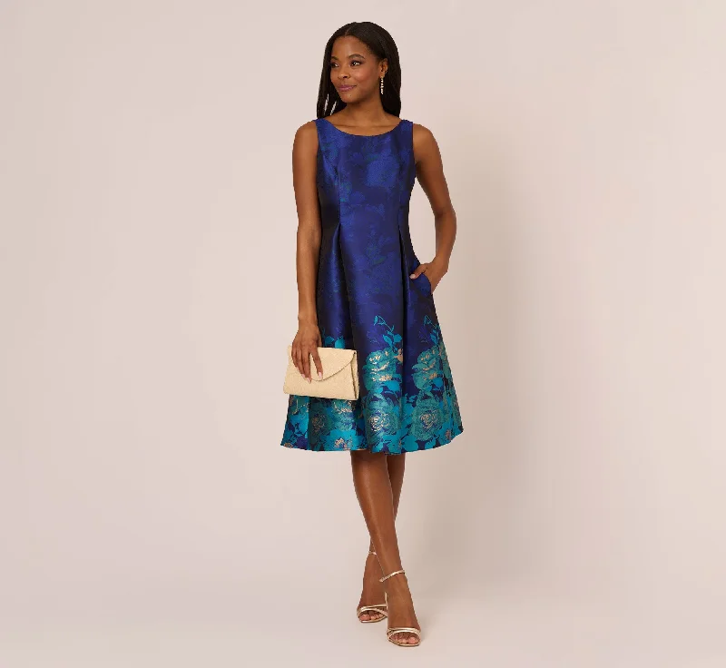 Jacquard Midi Dress With Metallic Floral Trim In Blue Teal Multi