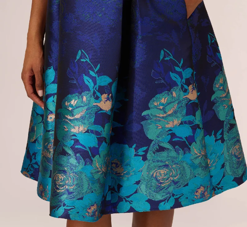 Jacquard Midi Dress With Metallic Floral Trim In Blue Teal Multi