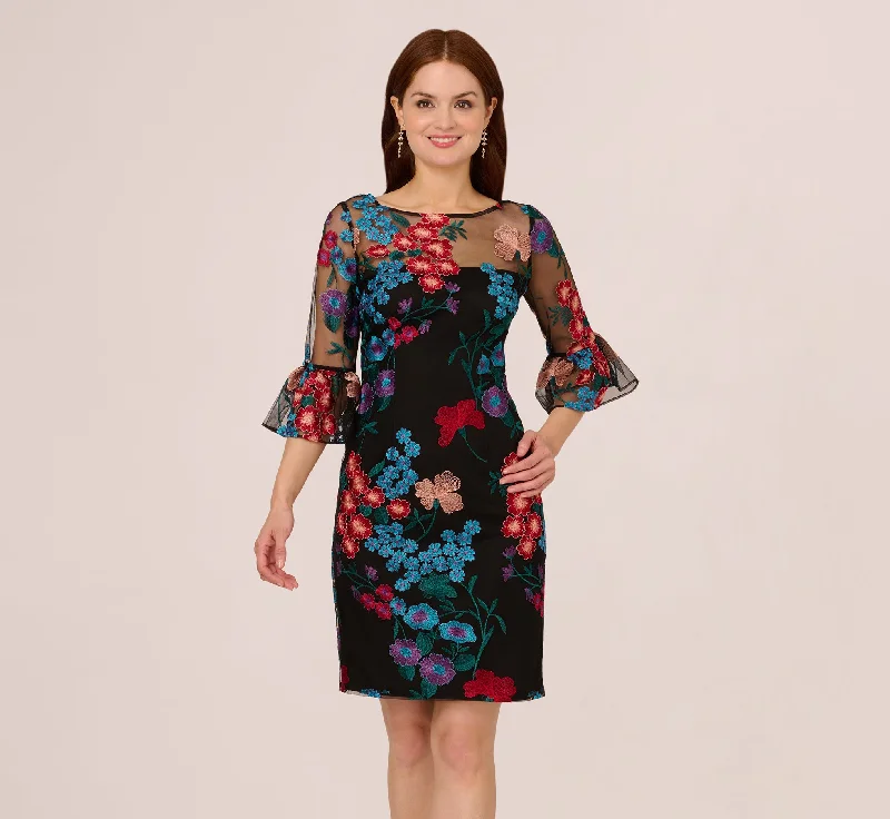 Multicolor Floral Embroidered Sheath Dress With Sheer Bell Sleeves In Black Multi